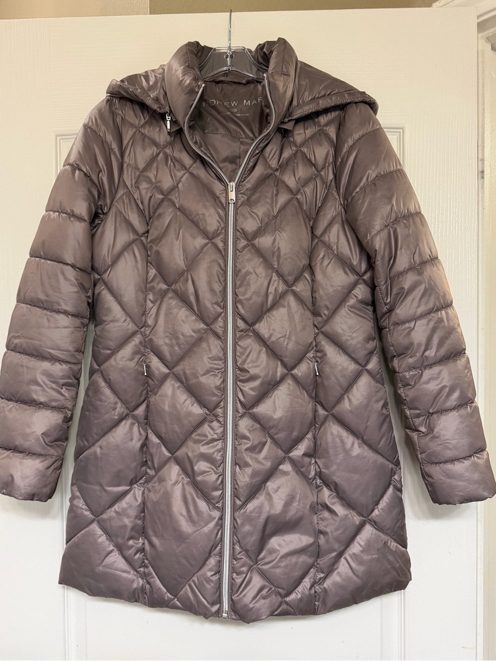 Andrew Marc Quilted Long Puffer Coat Size S Metallic Taupe Mauve Hooded Zip